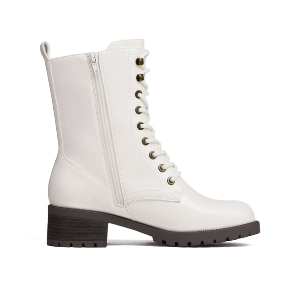Mid Calf Chunky Lace Up Boots - WHITE PU - 2